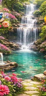 Vibrant natural waterfall with birds and flowers.