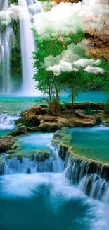 Vibrant waterfall and turquoise pool in lush nature wallpaper.