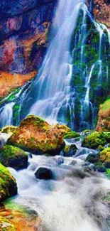 Vibrant waterfall cascading over rocks with lush greenery.