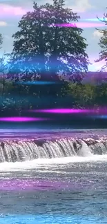 Vibrant waterfall under colorful light streaks, perfect for phone wallpaper.