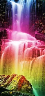 A vibrant waterfall with rainbow hues cascading over rocks in a serene natural setting.