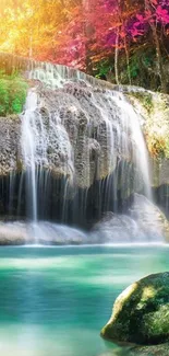 Colorful waterfall with lush greenery and vibrant leaves.