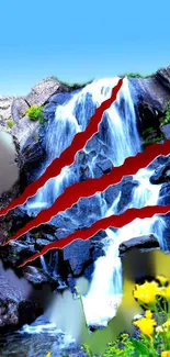 Colorful waterfall wallpaper with red slashes and vibrant nature elements.