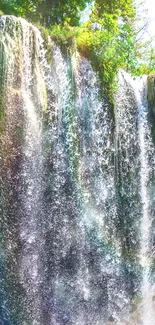 Vibrant waterfall cascading with green lush surroundings.