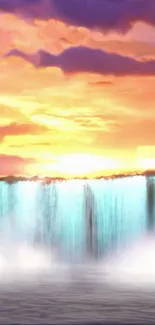 Vibrant waterfall with sunset and dramatic sky.