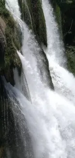 Cascading waterfall with lush greenery and white frothy water.