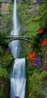 Vibrant waterfall with colorful butterflies and green foliage.