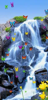 Vibrant waterfall with butterflies amid rocks and greenery.