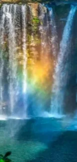 Majestic waterfall with vibrant rainbow on a mobile wallpaper.