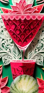 Intricate watermelon-themed art with vibrant colors and floral patterns.
