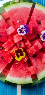 Vibrant watermelon slices with flowers on blue background.