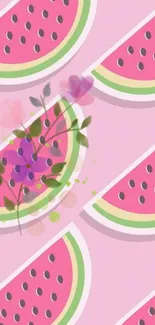 Mobile wallpaper of artistic watermelon slices and floral accents on pink.