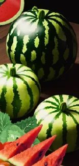 Realistic watermelon slices on wooden background wallpaper.