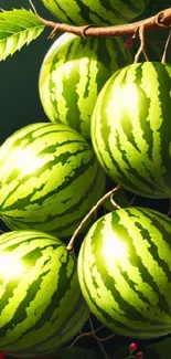 Vibrant wallpaper featuring green watermelons with red flowers and lush leaves.