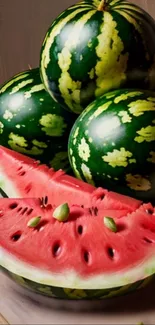 Artistic wallpaper featuring vibrant watermelons with juicy red slices.