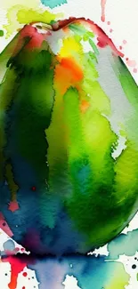 Watercolor painting of a vibrant avocado with colorful splashes.