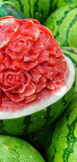 Intricate watermelon carving art with vibrant green background.