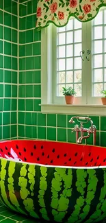 Vibrant green bathroom with watermelon-themed bathtub.