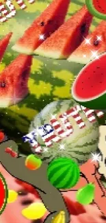 Cartoon character with watermelons in a vibrant summer field.