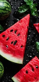 Red watermelon slices and fresh mint leaves.