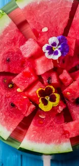 Succulent watermelon slices with colorful flowers on a stick.