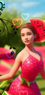 Vibrant fantasy art of a model in a watermelon-themed dress with lush backgrounds.