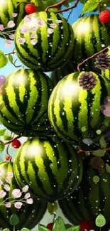 Vibrant fantasy wallpaper with watermelons and colorful berries.