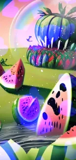 Surreal watermelon fantasy landscape for mobile wallpaper in vibrant colors.