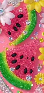 Glitter watermelon and flowers mobile wallpaper with vibrant colors.
