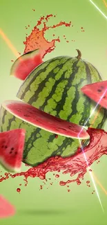 Vibrant watermelon splash on green background wallpaper.