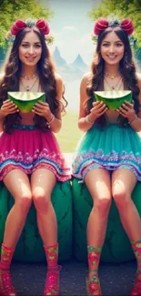 Two women enjoying a watermelon party with vibrant outfits in a lush garden.