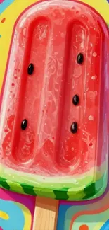 Vibrant watermelon popsicle art with colorful background.