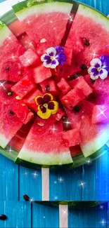 Colorful watermelon popsicle with flowers on a blue background.