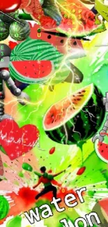 Vibrant watermelon and robot themed wallpaper with colorful graphics.