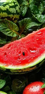 A vibrant and juicy watermelon slice with green mint leaves.