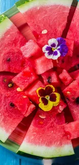 Vibrant watermelon slices with flowers on a blue background.