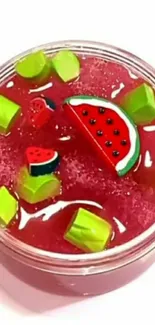 A vibrant watermelon slime design with red and green elements.