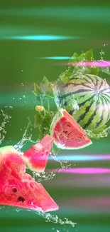 Watermelon slices with water splash on green background.