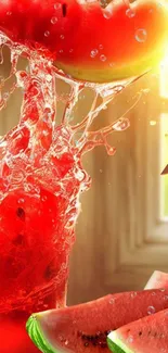 Vibrant splash of watermelon juice in sunlight.