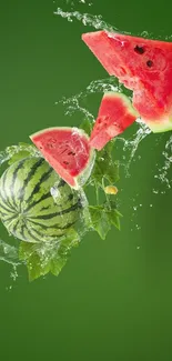 Mobile wallpaper with watermelon splash on green background.