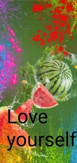 Vibrant watermelon splash with 'Love yourself' text on green background.