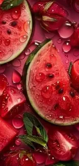 Vibrant watermelon slices in water with mint leaves, perfect for mobile wallpaper.