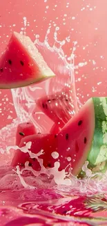 Juicy watermelon slices splashing on a vibrant pink background.