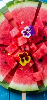 Vibrant watermelon slices with flowers on blue background.