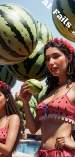 Women in watermelon outfits with green melons.