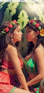 Two women in colorful attire sit by large watermelon decorations.