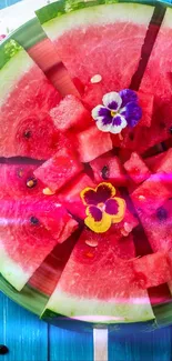 Vibrant watermelon slices with flowers, perfect summer wallpaper.