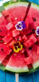 Slice of watermelon with flowers on a blue background.