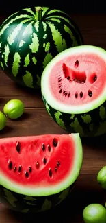 Sliced watermelon with green grapes on a wooden table.