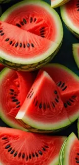 Sliced watermelons arranged closely, showcasing vibrant colors.